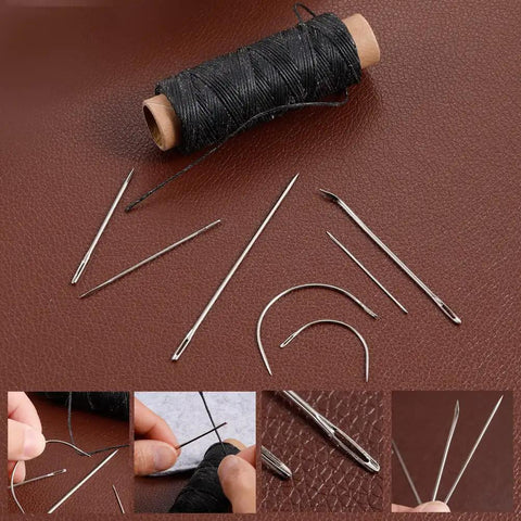 Pro Grade Waxed Leather Thread Kit With 50M Of 150D Flat Waxed Thread And Seven Steel Leather Needles displayed on leather
