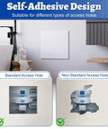 No Sweat Self Adhesive Drywall Access Panel 10 X 10 Inch Heavy Duty Bathroom Plumbing Hole Cover, showing standard and non-standard access installation.