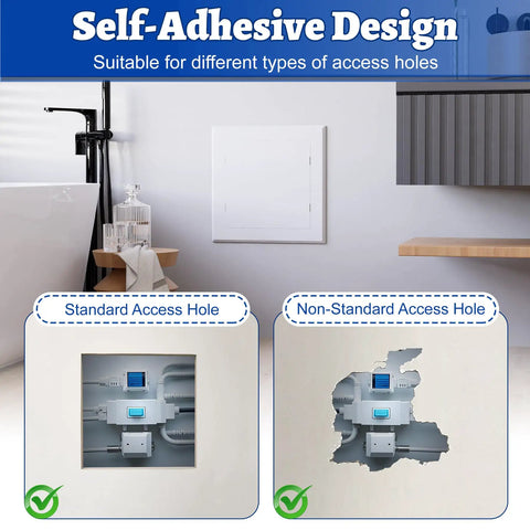 No Sweat Self Adhesive Drywall Access Panel 10 X 10 Inch Heavy Duty Bathroom Plumbing Hole Cover, showing standard and non-standard access installation.