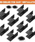 Heavy Duty 8 Piece Post Brackets Kit For 4x4 Wood Deck Posts Mounting With 3.6 Inch Inner Diameter 14 Gauge Steel Base And Anchor Connectors Includes Screws For Solid Deck Support, black steel brackets and screws displayed.