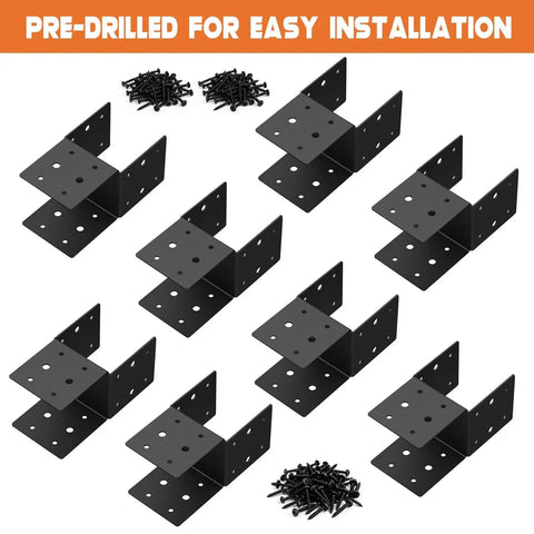 Heavy Duty 8 Piece Post Brackets Kit For 4x4 Wood Deck Posts Mounting With 3.6 Inch Inner Diameter 14 Gauge Steel Base And Anchor Connectors Includes Screws For Solid Deck Support, black steel brackets and screws displayed.