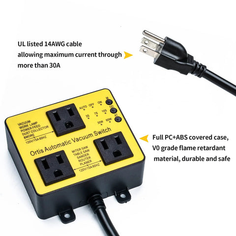 Front view of Ortis automatic vacuum switch with two outlets in yellow PC+ABS housing