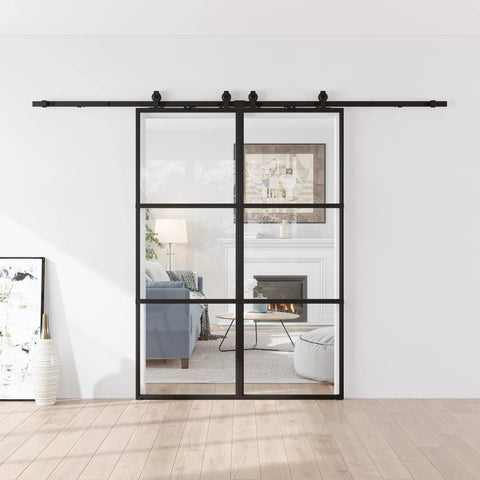 48 By 84 Inch Metal And Glass Sliding Double Barn Door With Hardware Kit Soft Close Included Rust Resistant Powder Coated Frame For Easy Assembly Ready To Install shown installed in a living room.