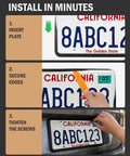 Installation guide for Heavy Duty Silicone License Plate Frame Set in Matte Black showing steps to secure a license plate.