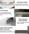 Portable Automatic Cake Icing Smoothing And Decorating Machine Electric Icing Tool For Smooth Coats And Clean Edges Easy To Use Adjustable Speed Ideal For Birthday Cakes At Home Or In A Bakery Green showing LCD display, aluminum alloy base, and 304 stainless steel spatula