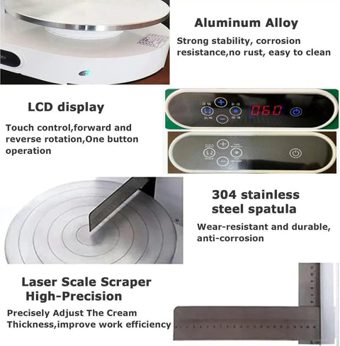 Portable Automatic Cake Icing Smoothing And Decorating Machine Electric Icing Tool For Smooth Coats And Clean Edges Easy To Use Adjustable Speed Ideal For Birthday Cakes At Home Or In A Bakery Green showing LCD display, aluminum alloy base, and 304 stainless steel spatula