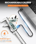 8 Inch Digital Caliper With Rechargeable USB Type C Power connected to laptop, showing large LCD screen, stainless steel vernier calipers