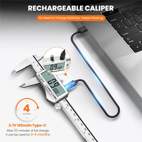 8 Inch Digital Caliper With Rechargeable USB Type C Power connected to laptop, showing large LCD screen, stainless steel vernier calipers