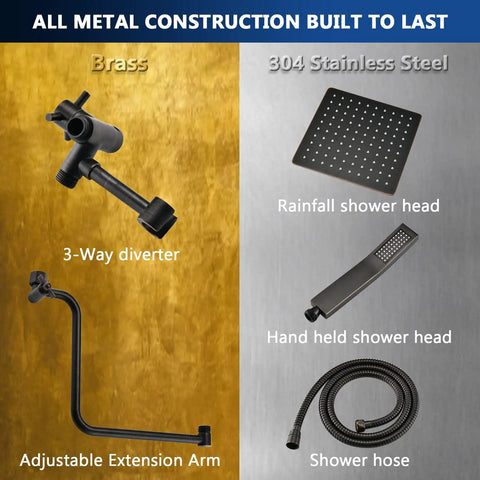 All Metal Shower Head With Handheld Combo For High Pressure 10 Inch Rainfall Shower Experience, shown with diverter, extension arm, handheld, hose.