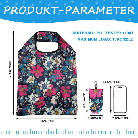Six Pack Reusable Foldable Grocery Bags With In Pocket Pouches, Machine Washable Eco Friendly Tote in floral pattern, size 58x38 cm.