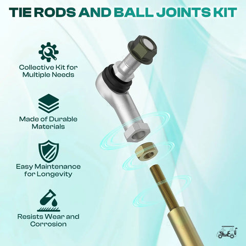 Club Car Golf Cart Tie Rod Kit With Ball Joints And Rack Pinion Drag Link For DS Carryall Turf Villager 2009 Up Gas Or Electric Carts OEM 103354701 103653401 102022601 102022602, showing a tie rod with ball joints and features illustration.