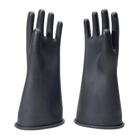 Pair of black Class 1 Electrical Gloves Built From Natural Rubber For Real Deal Electrical Work OSHA NFPA CSA Certified Exceeding ASTM D120 And EN60903 Standards For Safe Hands On Live Wires