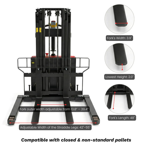 Fully Electric Pallet Stacker For Indoor Use Only, 3300 Lb Capacity, 118 Inch Lift Height, Walk Behind Warehouse Stacker With Adjustable Straddle Legs, Easy Drive And Lift