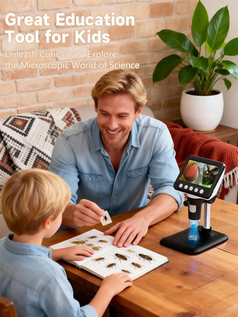 4 Point 3 Inch LCD USB Digital Coin Microscope With Screen 1080P HD Imaging Real Time Video 50X To 1000X Magnification Eye Friendly Viewing For Coins And Tiny Details, father and child using screen microscope