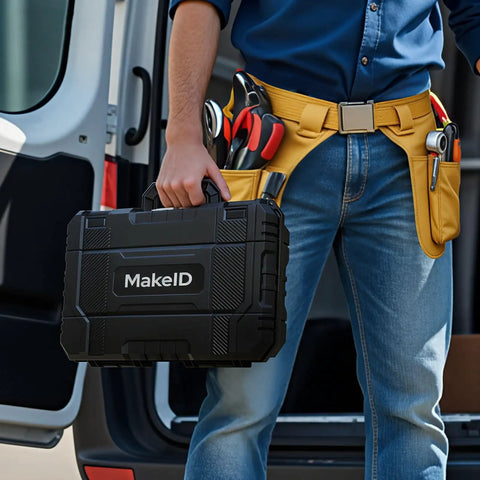 Top Tier Portable Bluetooth Label Maker And Wireless Printer Hella Tough For Serious Wire Cable Tagging Job Site Grind Heat Shrink Tubing All Weather Tape Bundle Comes With Hard Case held by a tradesman.