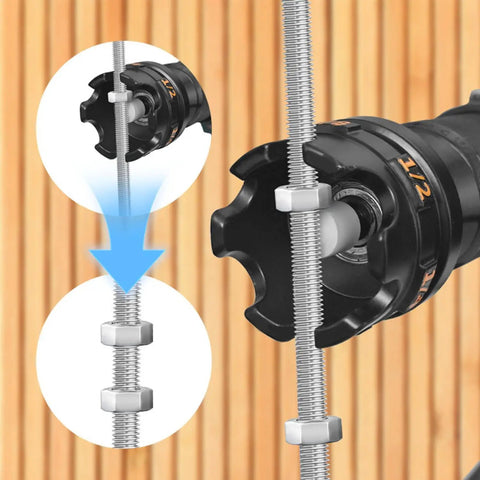 Heavy Duty Threaded Rod Nut Driver Mounts Directly To Power Drills And Impact Guns Effortlessly Chops Through Corroded Nuts image showing a tool attaching to a threaded rod.