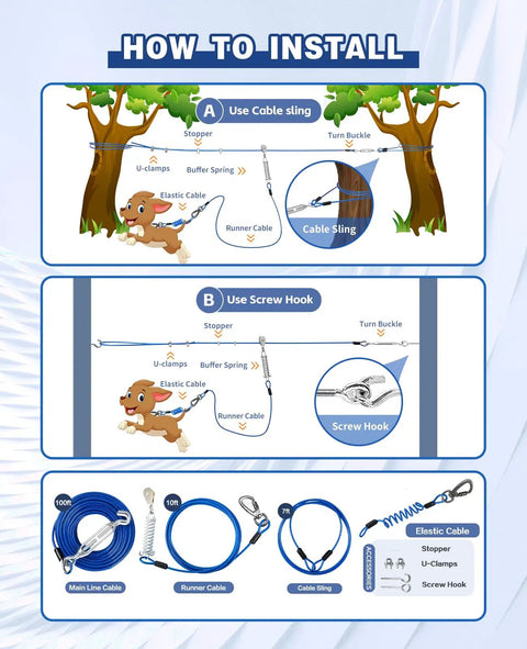 Installation guide for Built Tough 50 Ft Dog Aerial Zipline With Double Shock Absorption for large dogs, showing components and setup.