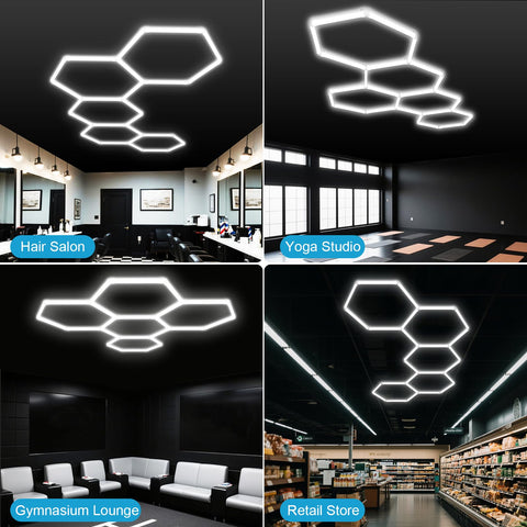 Hexagon Garage Lights LED 25 Pack 220W 26400LM 6500K Daylight White Ceiling Lighting in various commercial spaces