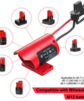M12 Battery Adapter for Milwaukee Packs 12V Conversion Kit with switch, fuse, and wiring shown with compatible models.