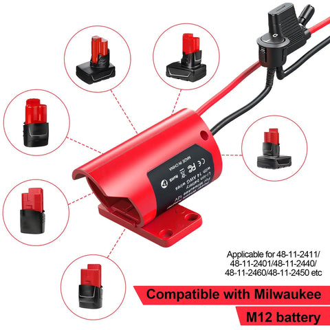 M12 Battery Adapter for Milwaukee Packs 12V Conversion Kit with switch, fuse, and wiring shown with compatible models.