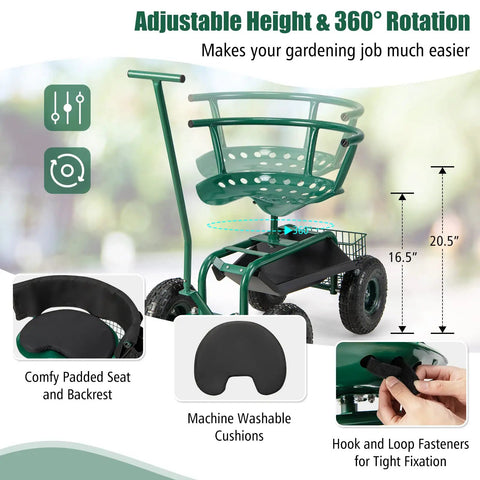 Rolling Garden Seat With Wheels, 360 Degree Swivel, Height Adjustable Work Stool, Removable Cushion, Ergonomic Design