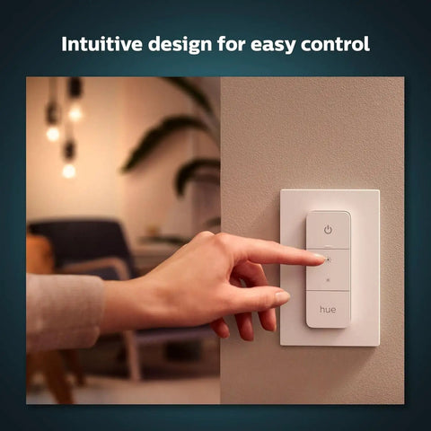 Hand using Hue Smart Dimmer Switch Remote White 1 Pack Turns Lights On Off Dim Brighten No Wiring Needed No Fuss Setup Plug And Play.