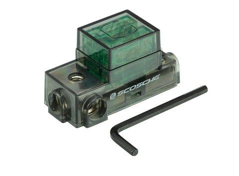 Maxi Fuse Distribution Block With 4 Gauge Input And Dual 8 Gauge Outputs Includes Two 30 Amp Maxi Fuses ABS Cover, Corrosion Resistant Black Block For Car Audio Off Road Marine Electrical Systems Lifetime Warranty Tech Support, shown with Allen key
