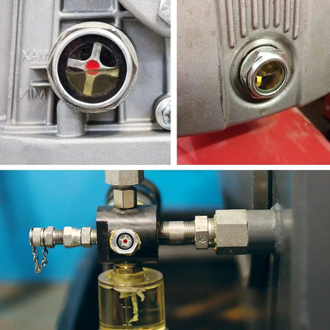 5 Pack Aluminum Oil Sight Glass Kit With One Quarter Inch, One Half Inch, Three Quarter Inch, Three Eighth Inch, And One Inch Male Threads, Clear Oil Level Indicator Window For Hydraulic Tanks And Air Compressor Fittings installed on machinery