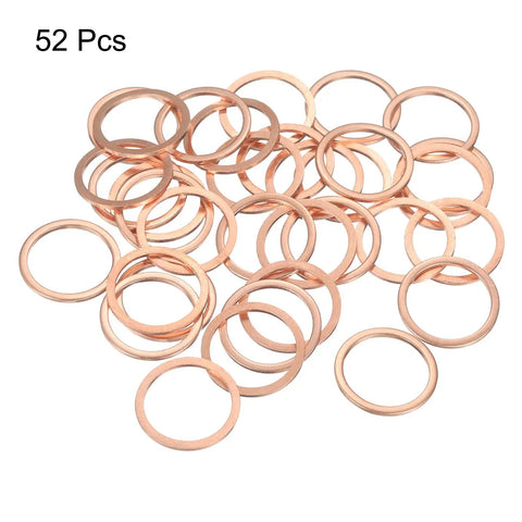 Hella Tough 52 Piece Flat Copper Washers 22 X 27 X 1.5 Mm Metric Sealing Crush Ring Gaskets for Hydraulic Fittings showing copper washers.