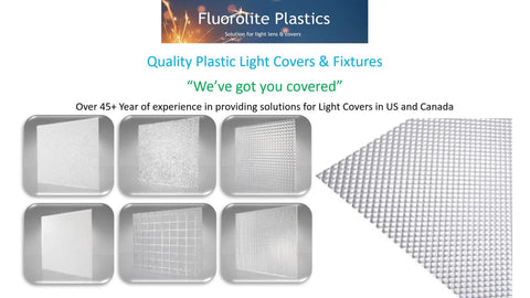 Clear Acrylic Prismatic Ceiling Panels For Fluorescent Lighting Overhead Fixtures Custom Size 8 Pack Heavy Duty 0.125 Inch Thick Lens Diffuser Panels For Office Shop Garage And More displayed in various angles.