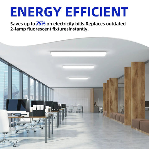 Office setting with 4 Foot LED Wraparound Light 40W 4400Lm 4000K Neutral White Flush Mount Ceiling Fixture For Garage Office Kitchen Energy Saving Replaces 2 Lamp 32W Fluorescent ETL Listed installed on ceiling