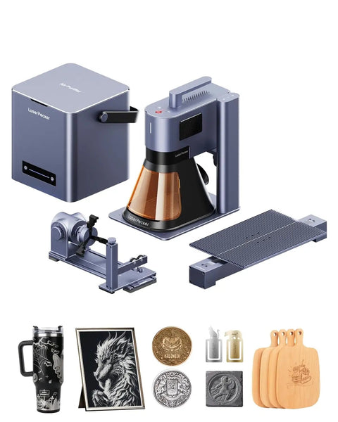 Dual 20W Fiber And Diode Laser Engraver Cutter With Rotary And Slide Extensions, Air Purifier, 3D Embossing And Color Engraving, Pro Grade, Ultra Fast 10000 mm Per Sec, Ideal For On Site Customization On Metal, Wood And More.