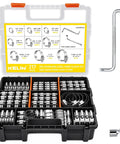 217 Piece Stainless Steel Hose Clamp Kit with tools and adjustable worm gear clamps displayed in case.