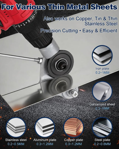 Upgraded Sheet Metal Nibbler Tool With Stabilizer Handle For Iron Steel Copper Aluminum Heavy Duty Metal Cutter Drill Attachment Fits Handheld Impact Drills Smooth Precision Cutting Professional Grit, cutting thin metal sheets.