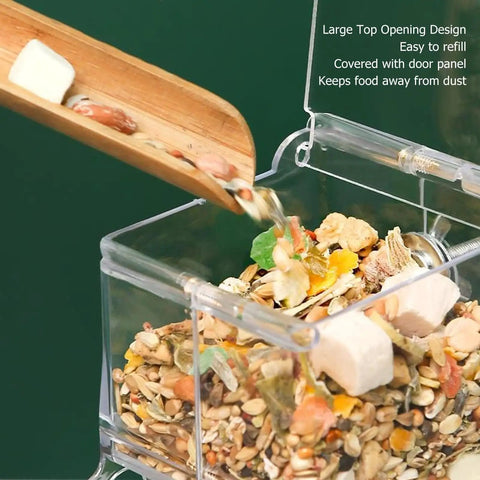 Clear Acrylic Hamster Pellet Feeder With Secure Cage Mount And Scatter Control Baffle, food being poured in.