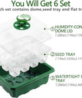 Six Tray Seed Starter Kit with Adjustable Humidity Dome showing dome lid, seed tray, and watertight base dimensions.