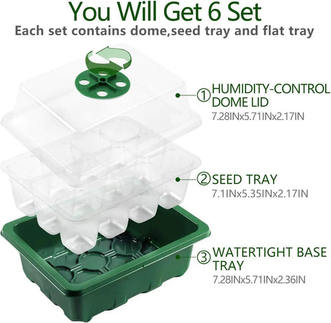 Six Tray Seed Starter Kit with Adjustable Humidity Dome showing dome lid, seed tray, and watertight base dimensions.