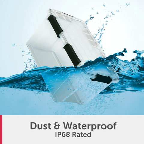 54 Quart Tough As Nails Crystal Clear Storage Tote With IP68 Rated Gasket Sealed Lid in water demonstrating waterproof features.