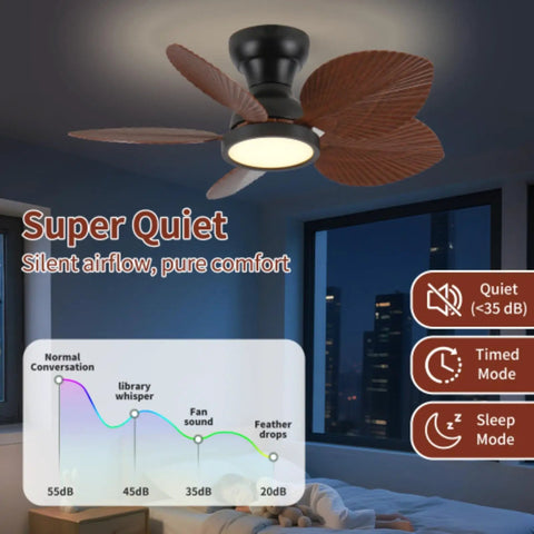 Yunstore Coveview Tropical-Style 30-Inch Ceiling Fan - 6-Speed Settings with palm leaf blades, providing quiet airflow in a modern bedroom.