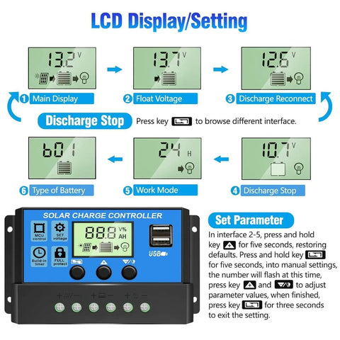 Beast 30A Solar Charge Controller For 12V And 24V Systems With Adjustable LCD Display showing different battery settings