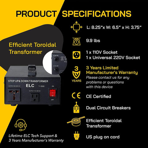 Heavy Duty 1500 Watt Voltage Converter Transformer Step Up Down 110V To 220V And 220V To 110V With Circuit Breaker Protection