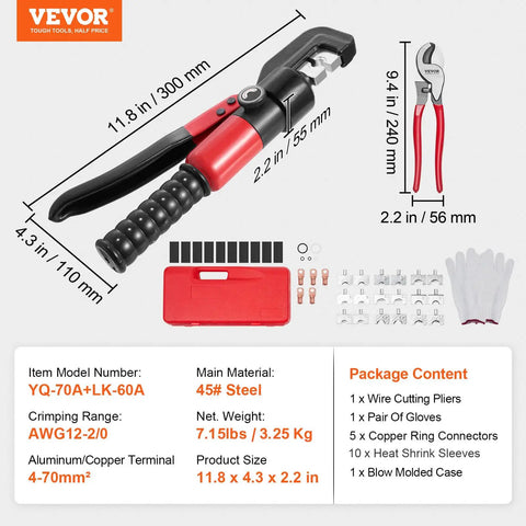 Heavy-Duty Hydraulic Crimping Tool Kit for AWG 12 to 2/0 Copper and Aluminum Terminals, Battery Lug Crimper With 6-Ton Pump