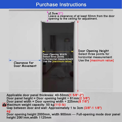 Purchase instructions for installing Ghost Mirror Sliding Door Hardware Kit for Concealed Systems, showing measurements and clearances.