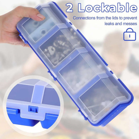 Side view of Six Pack Screw Organizer Box With Lids For Nuts And Bolts Four Compartments Plastic Hardware Storage Case
