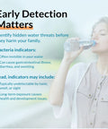 Woman drinking water; text highlights importance of detecting bacteria and lead in water quality for family health.