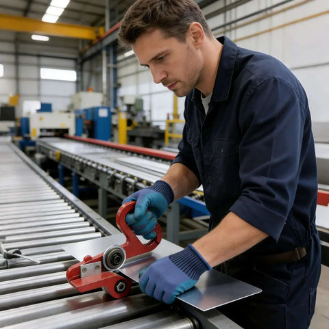 Worker using Pro-Grade Dual-Wheel Slitter Tool For Metal, Vinyl And Cardboard, Portable Hand Pull Cutter on sheet metal