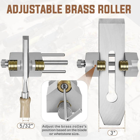 Heavy Duty Chisel Sharpening Jig Kit With Adjustable Angle Fixture And Gauge, adjustable brass roller, 5/32 to 3 inch width