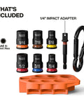 Grab And Go Impact Socket Set With Sleeve And Carabiner, SAE Seven Piece For Three Eighths Inch Drive, color-coded sockets shown