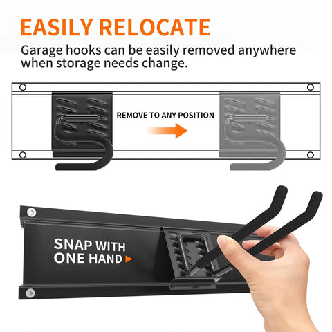 Easy Install Garage Tool Organizer Wall Mount Kit With 11 Pieces, showing removable hooks for flexible storage
