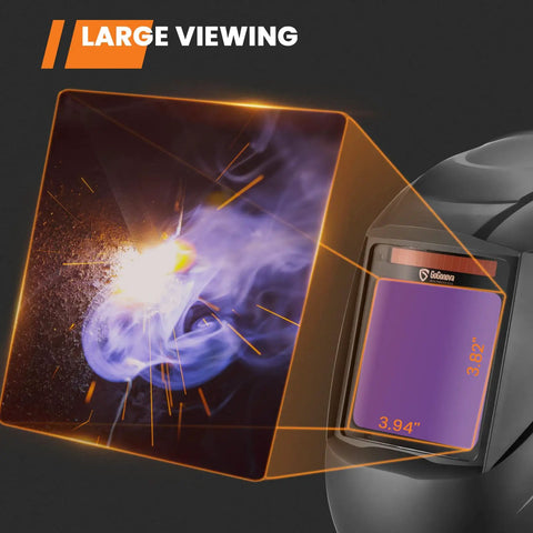 Auto Darkening Welding Helmet With Large 3.94 By 3.82 Inch Viewing Screen showing welding arc, solar powered, 4 arc sensors